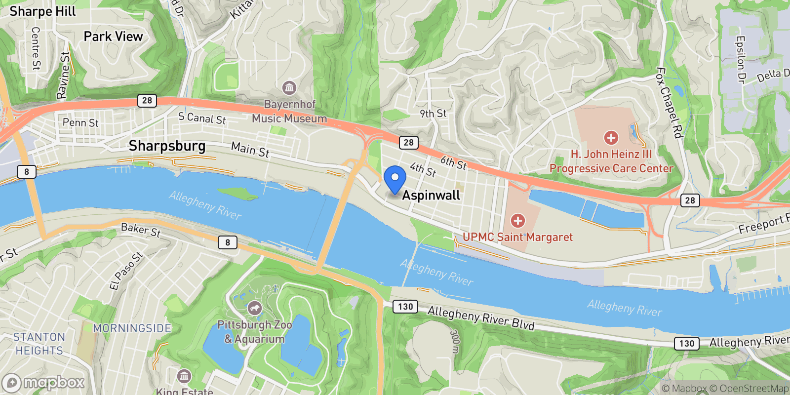 Map showing 114 1st Street , Aspinwall, PA 15215, Pittsburgh, Pennsylvania, United States.