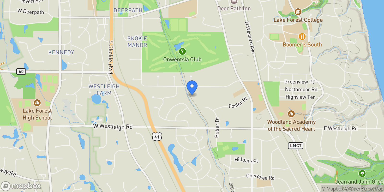 Map showing 27 W Onwentsia Road, Lake Bluff, Illinois, United States.