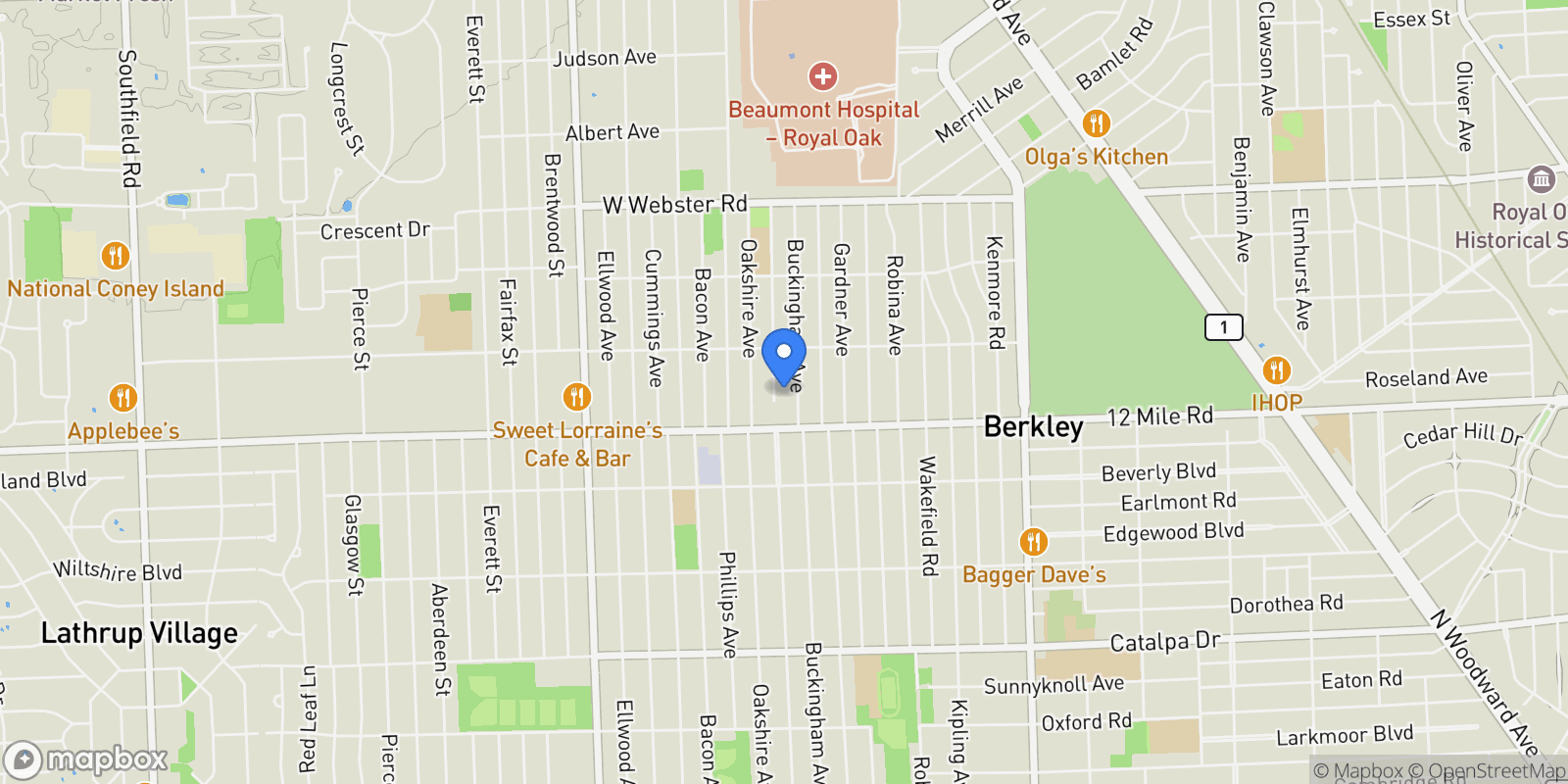 Map showing 3542 ROYAL Avenue, Berkley, MI 48072, Berkley, Michigan, United States.