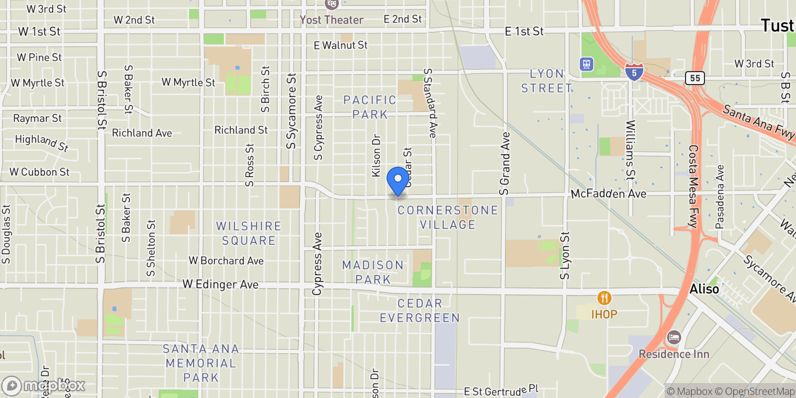 Map showing 708 McFadden Street, Santa Ana, California, United States.