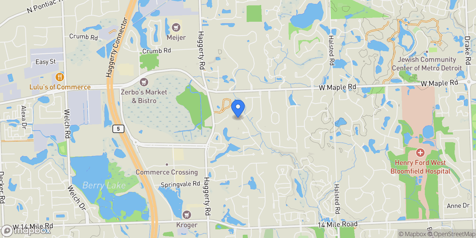 Map showing 6608 Minnow Pond Drive, West Bloomfield Charter Township, MI 48322, Novi, Michigan, United States.
