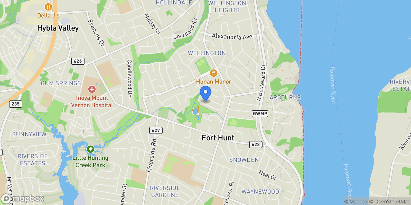 Map showing 8047 FAIRFAX RD ROAD, ALEXANDRIA, VA 22308, Fort Hunt, Virginia, United States.