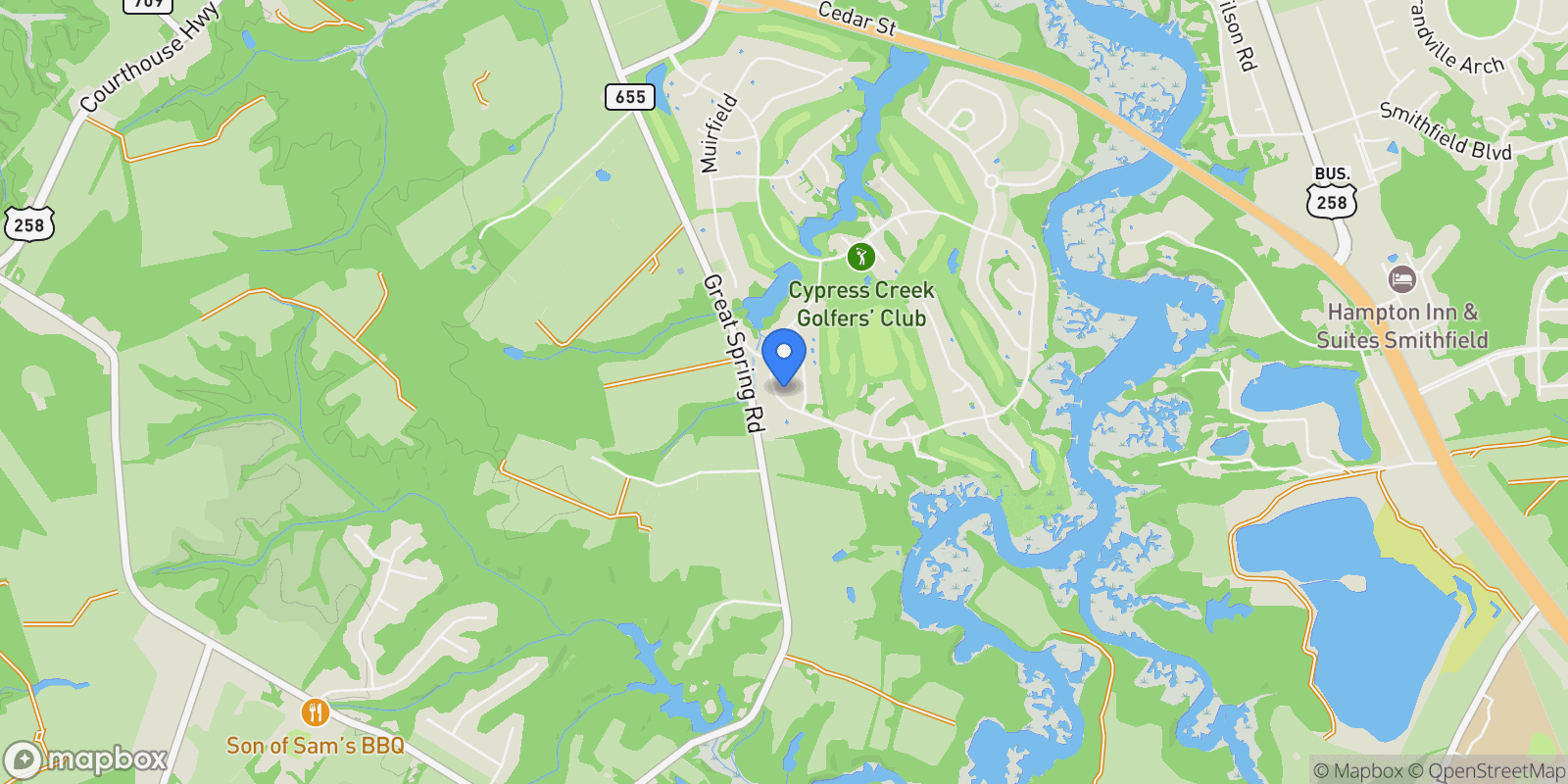 Map showing 1408 Cypress Creek Parkway, Smithfield, VA 23430, Smithfield, Virginia, United States.
