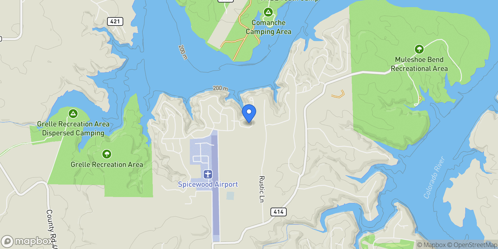 Map showing 200 Contrails Way, Spicewood, Texas, United States.