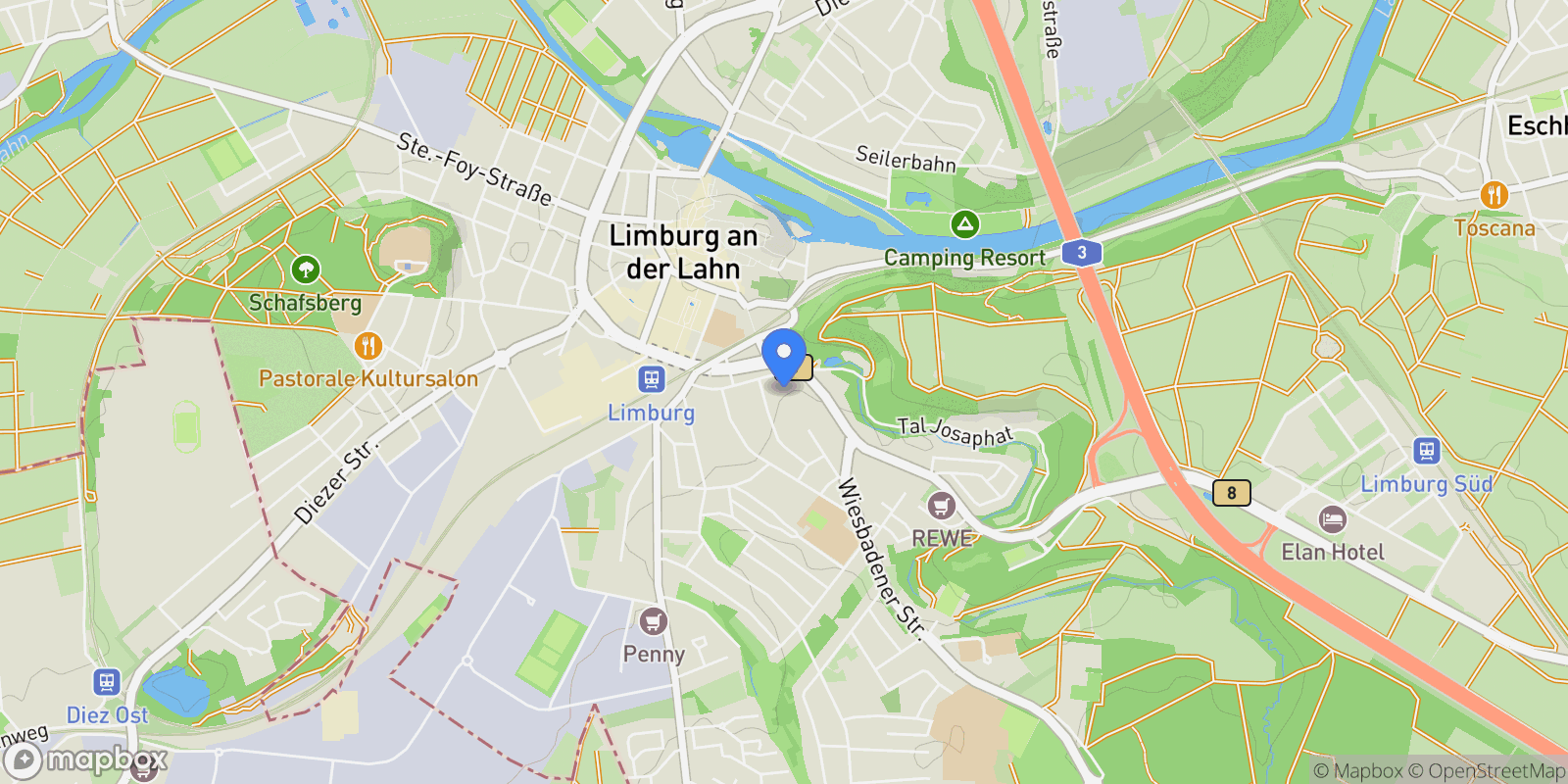 Map showing Limburg an der Lahn, HE 65549, Limburg, Hessen, Germany.