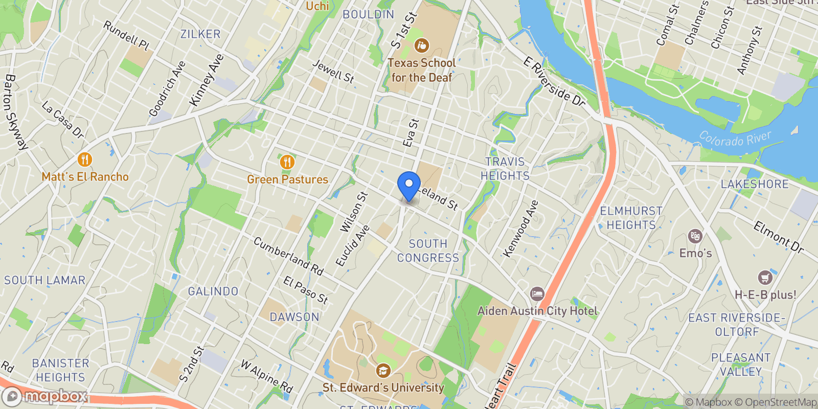Map showing 2121 S Congress Ave, Austin, Texas, United States.
