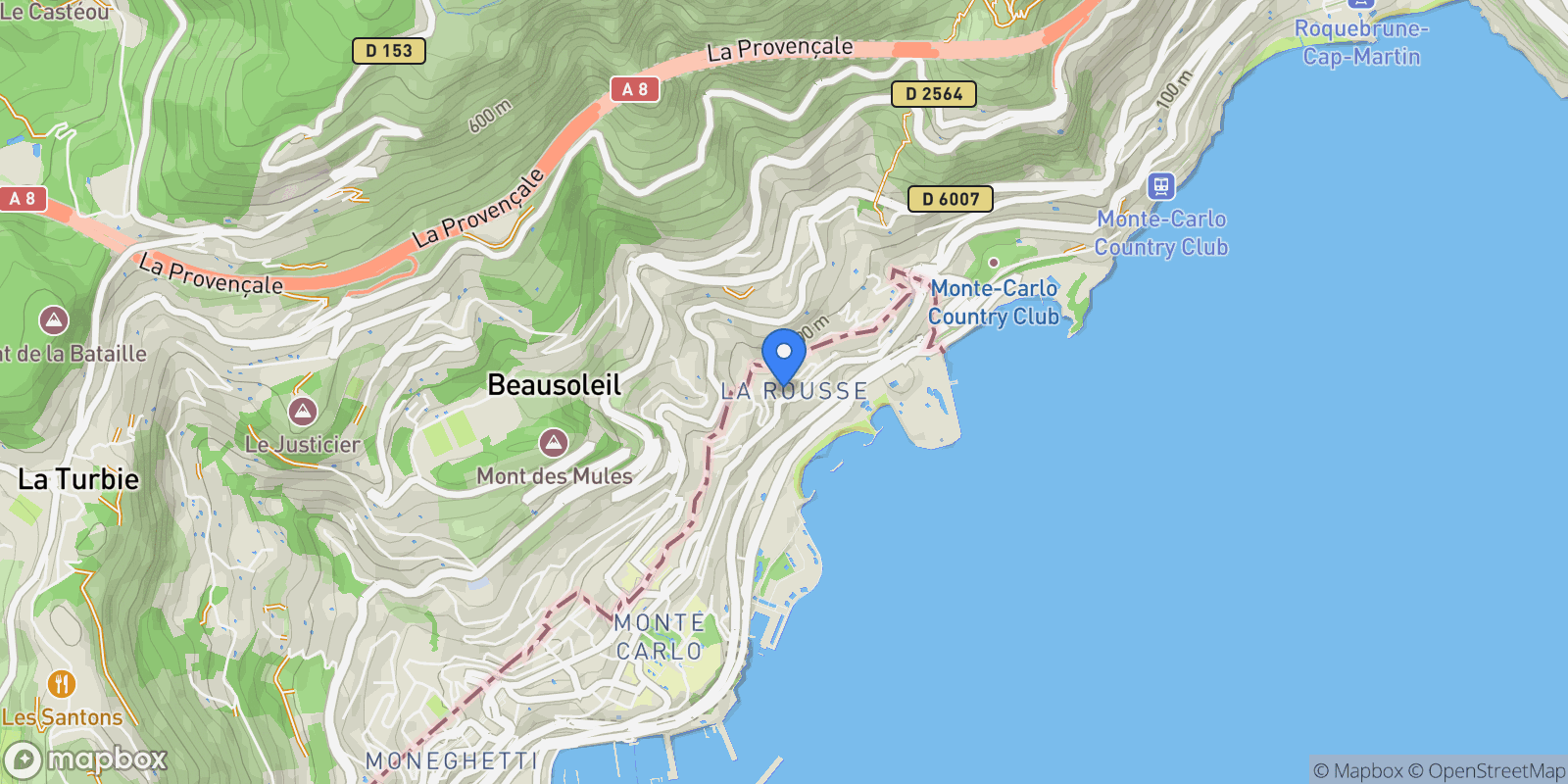 Map showing Monte Carlo and Beaches, Monaco, Monaco.