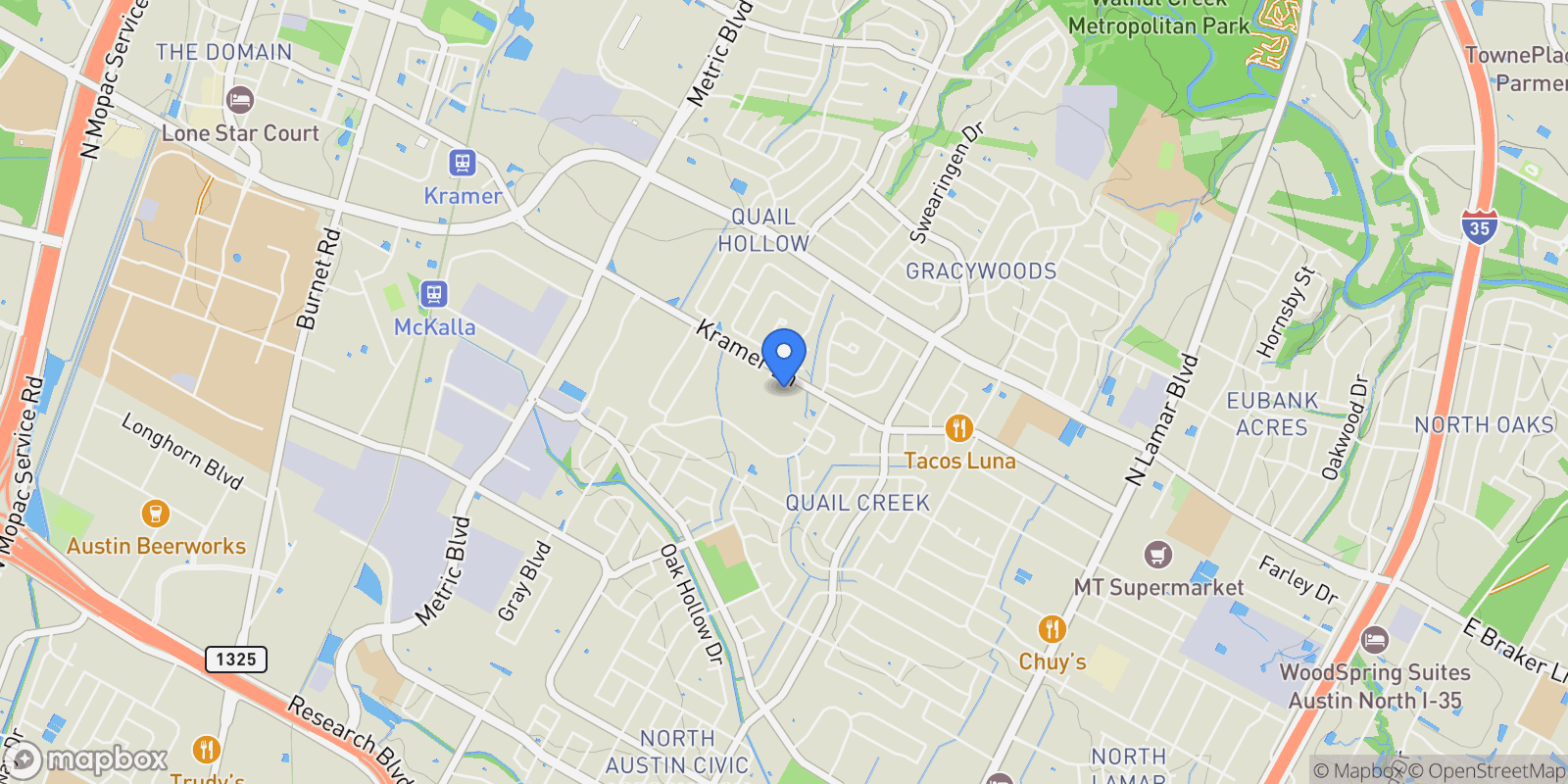 Map showing 10828 Desert Trl, Austin, Texas, United States.