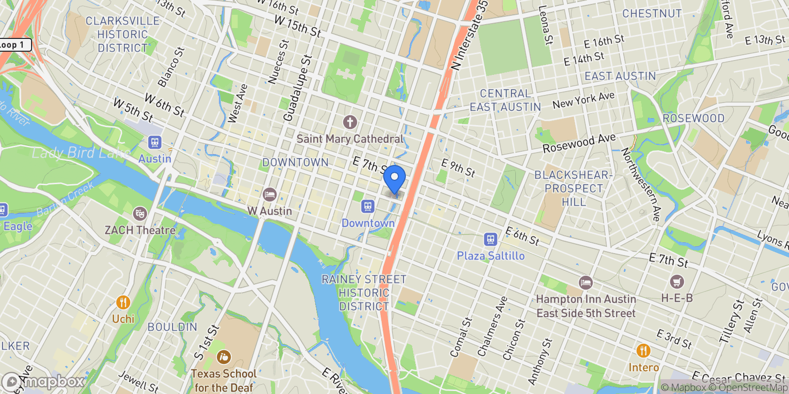 Map showing 507 Sabine St, Austin, Texas, United States.