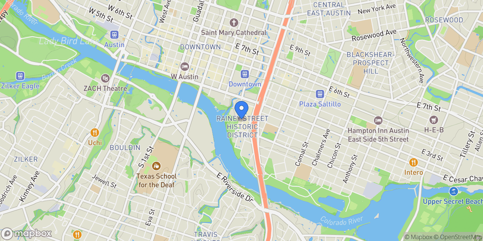 Map showing 70 Rainey St, Austin, Texas, United States.
