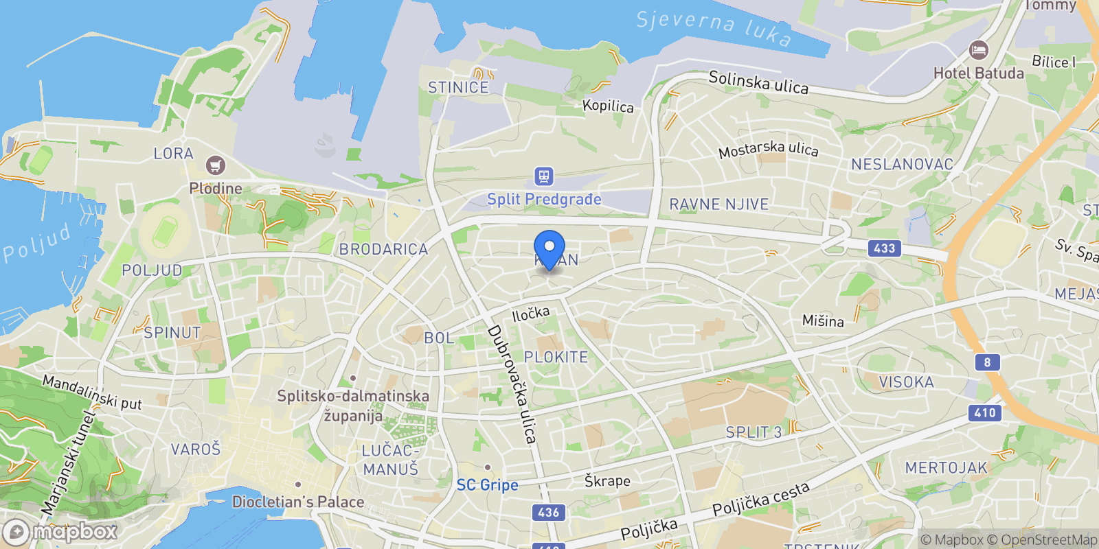 Map showing Gradski kotar Kman, Split, Split-Dalmatia County.