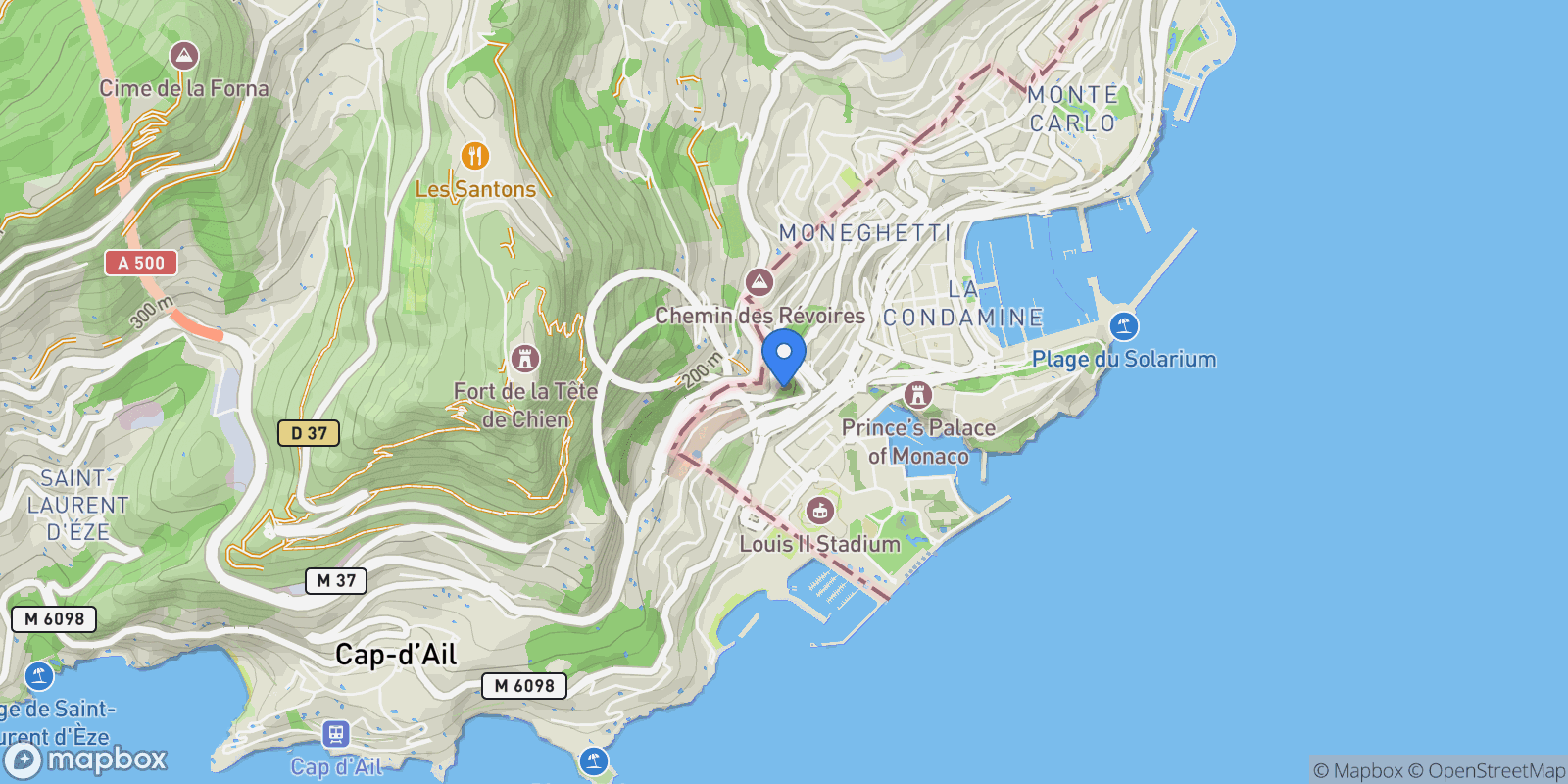 Map showing Port and Exotic Gardens, Monaco, Monaco.