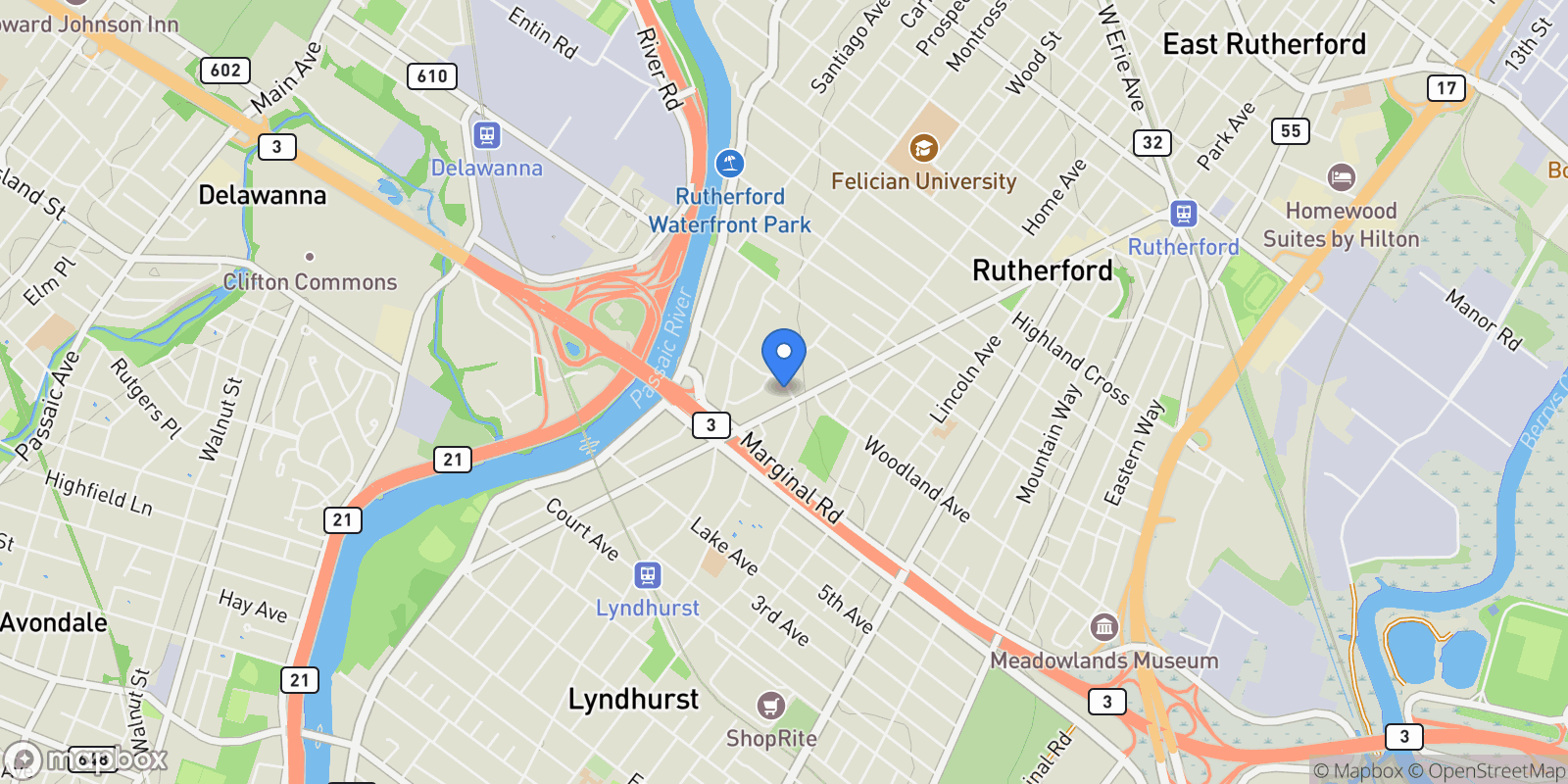 Map showing 11 W Gouverneur Avenue, Rutherford, NJ 07070, Rutherford, New Jersey, United States.