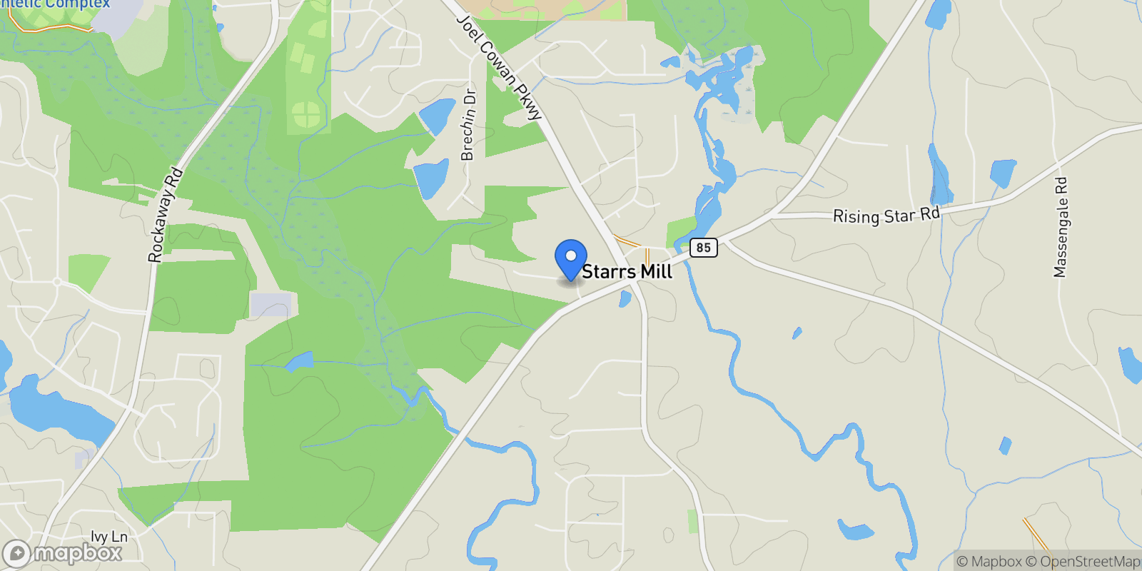Map showing 100 Southmill Lane, Senoia, Georgia, United States.