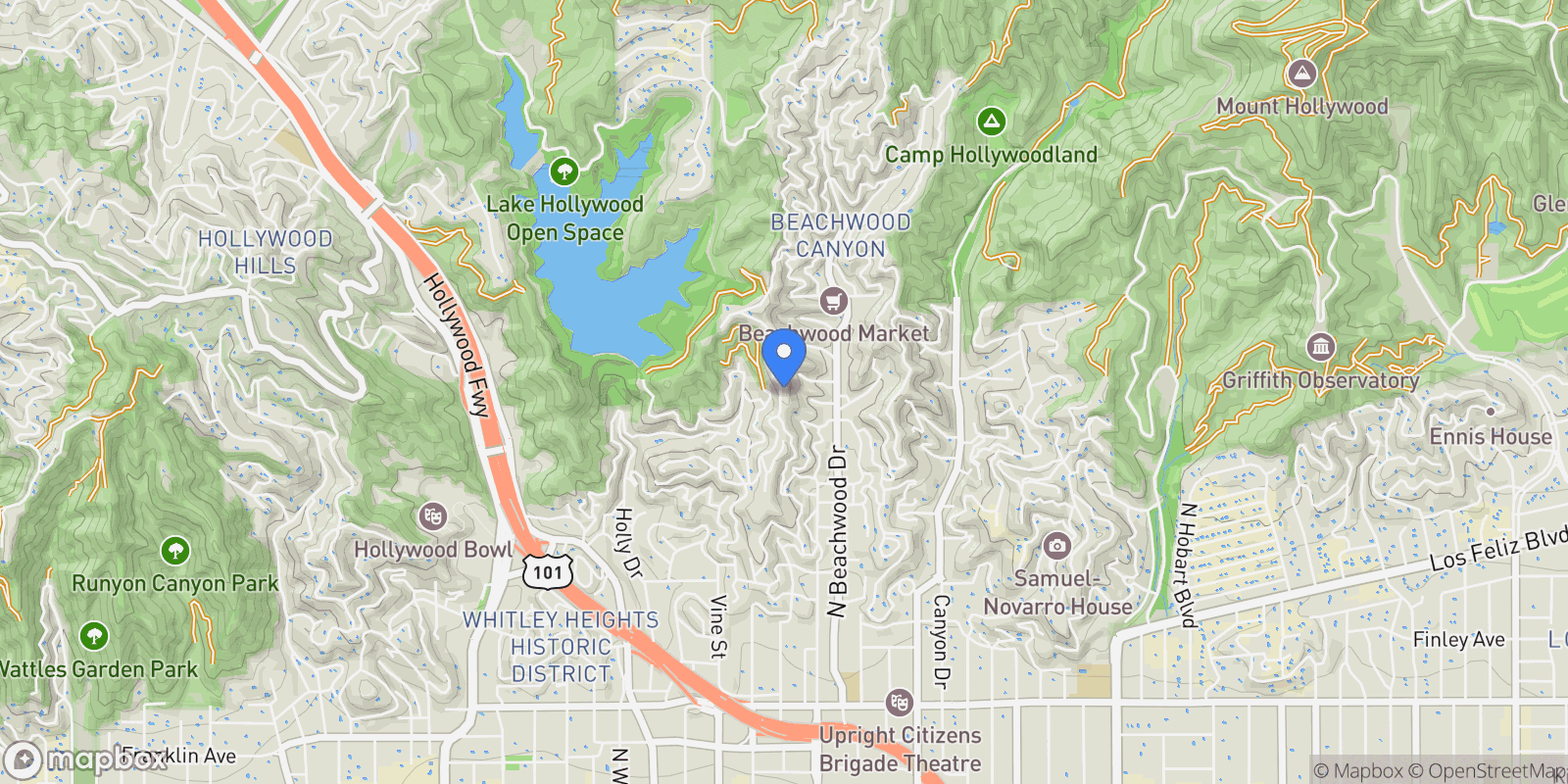 Map showing 2630 Creston Drive, Los Angeles, California, United States.