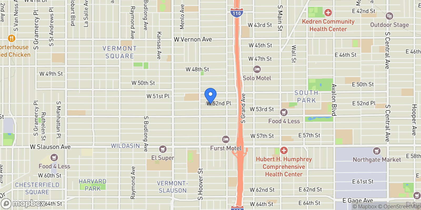 Map showing 636 W 52nd Place, Los Angeles, CA 90037, Los Angeles, California, United States.