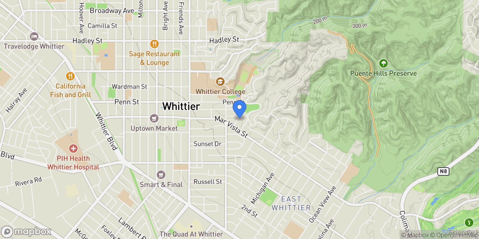 Map showing 7604 Forest Avenue, Whittier, CA 90602, Whittier, California, United States.