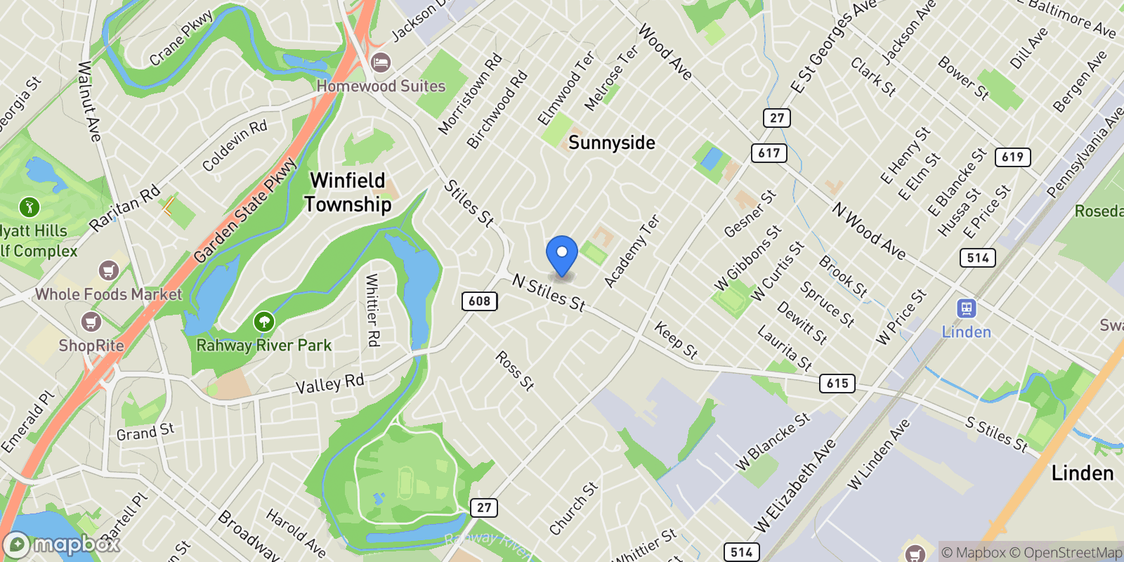 Map showing 1405 Kent Pl, Linden City, NJ 07036, Linden, New Jersey, United States.