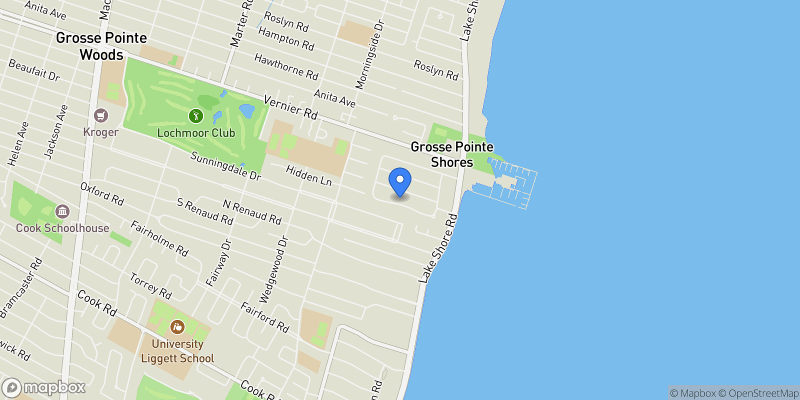 Map showing 54 Belle Meade, Grosse Pointe, MI, 48236, USA, Grosse Pointe Shores, Michigan, United States.