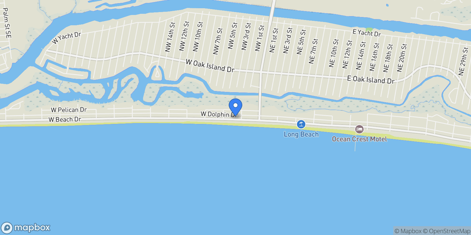 Map showing 210 W Beach Drive, Oak Island, North Carolina, United States.
