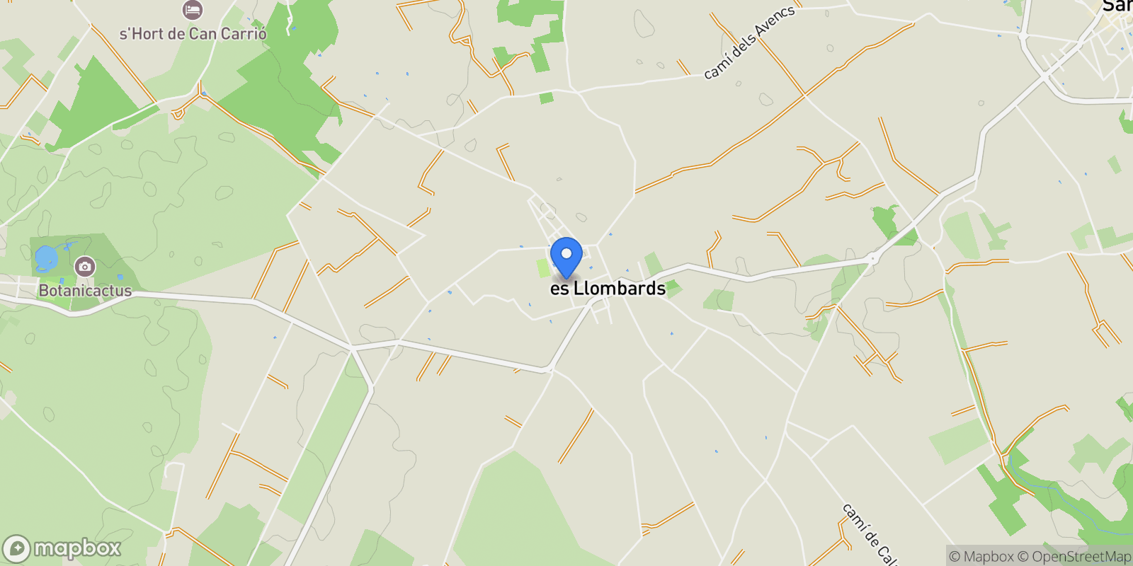 Map showing 07690 Es Llombards, Illes Balears, Spain, es Llombards, Santanyi, Balearic Islands.