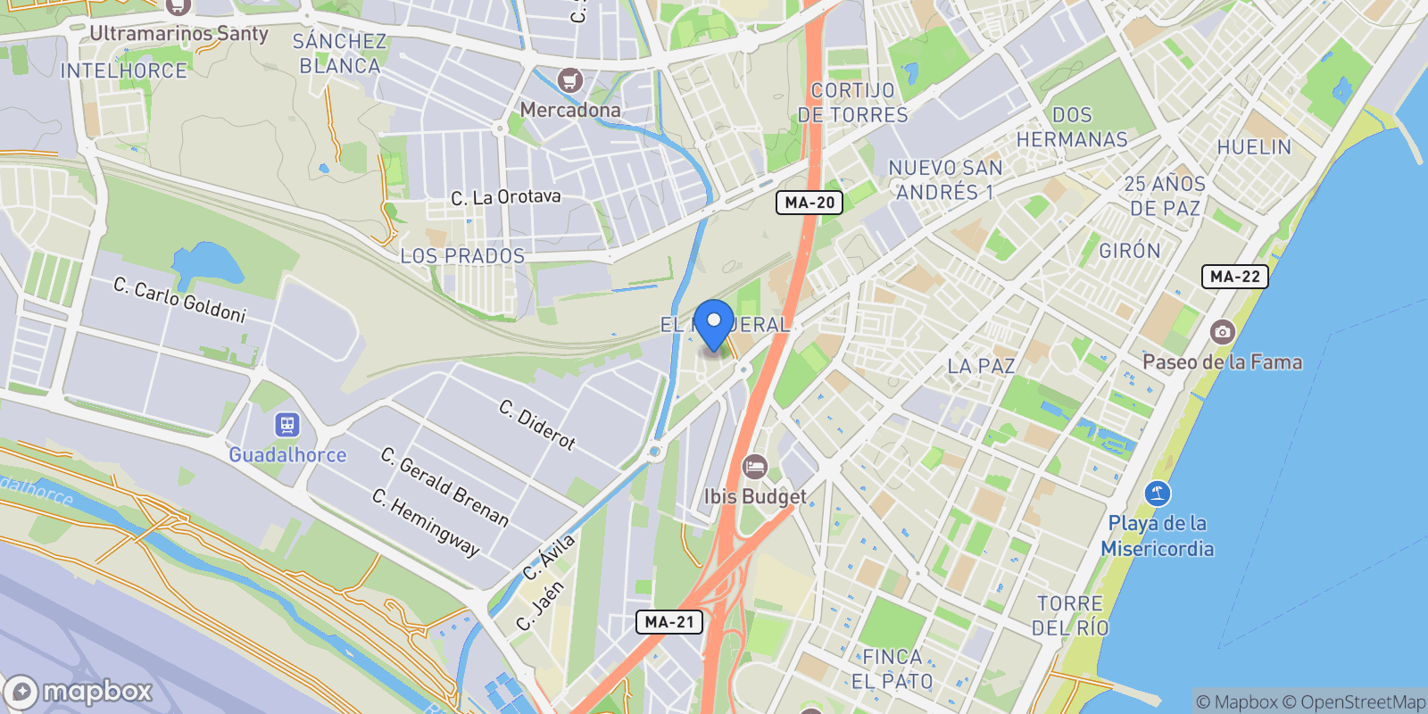 Map showing El Higueral, Andalusia, Carretera de Cadiz, Malaga, Spain.