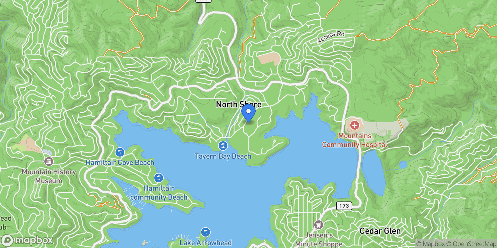 Map showing 28411 North Shore Road, Lake Arrowhead, CA 92352, Lake Arrowhead, California, United States.
