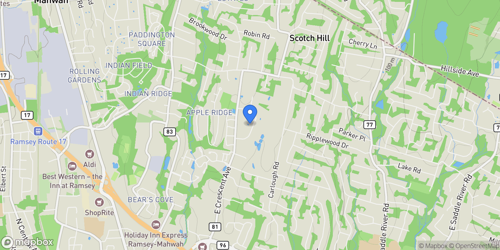 Map showing 15 Roxbury Rd, Mahwah, New Jersey, United States.