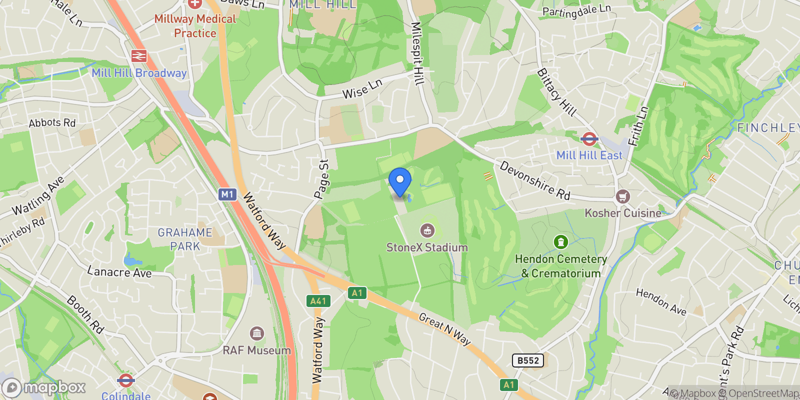 Map showing Angel Cottages, Mill Hill Village, London, England, United Kingdom.