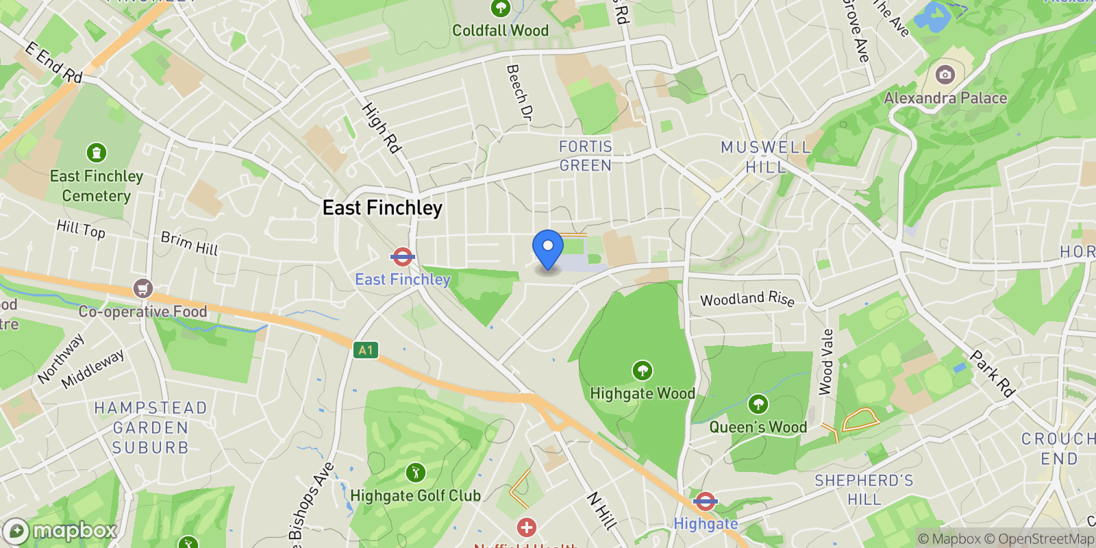 Map showing The Bishops Avenue, London, England, United Kingdom.