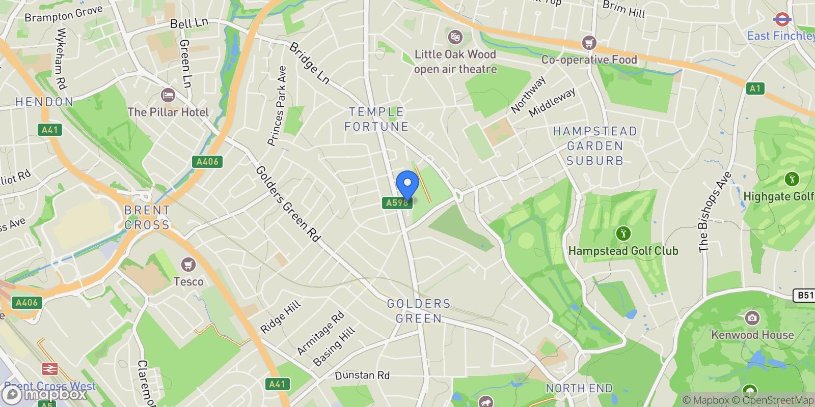 Map showing Brookland Close Hampstead Garden Suburb NW11, London, England, United Kingdom.