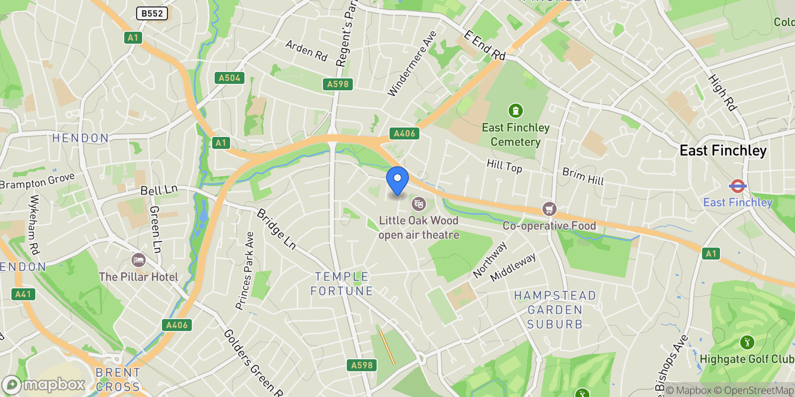 Map showing Brim Hill Hampstead Garden Suburb N2, London, England, United Kingdom.