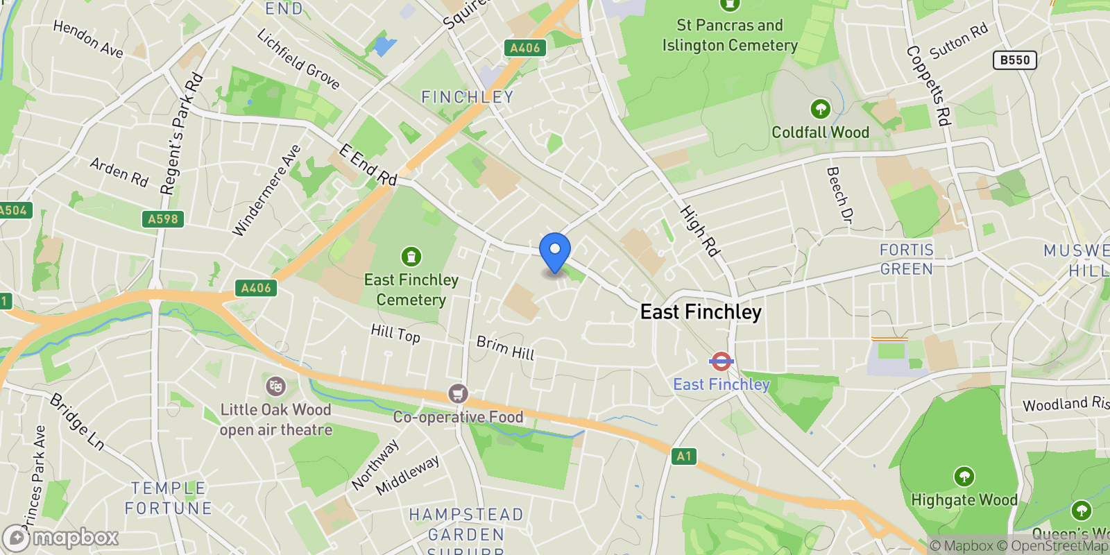 Map showing Aylmer Road Hampstead Garden Suburb, London, England, United Kingdom.