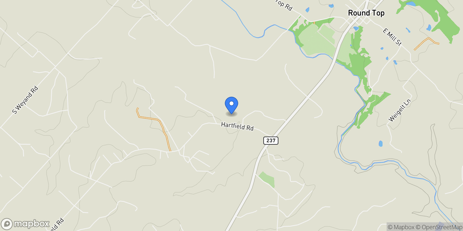 Map showing 2130 Hartfield Road, Round Top, TX 78954, Round Top, Texas, United States.