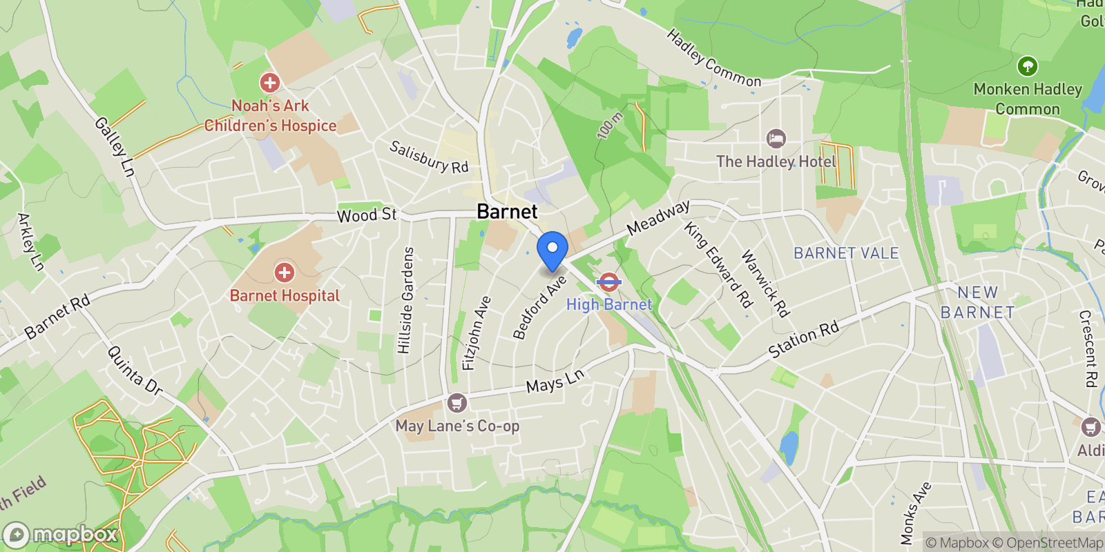 Map showing Sereno House, Beech Hill, Barnet, England, United Kingdom.