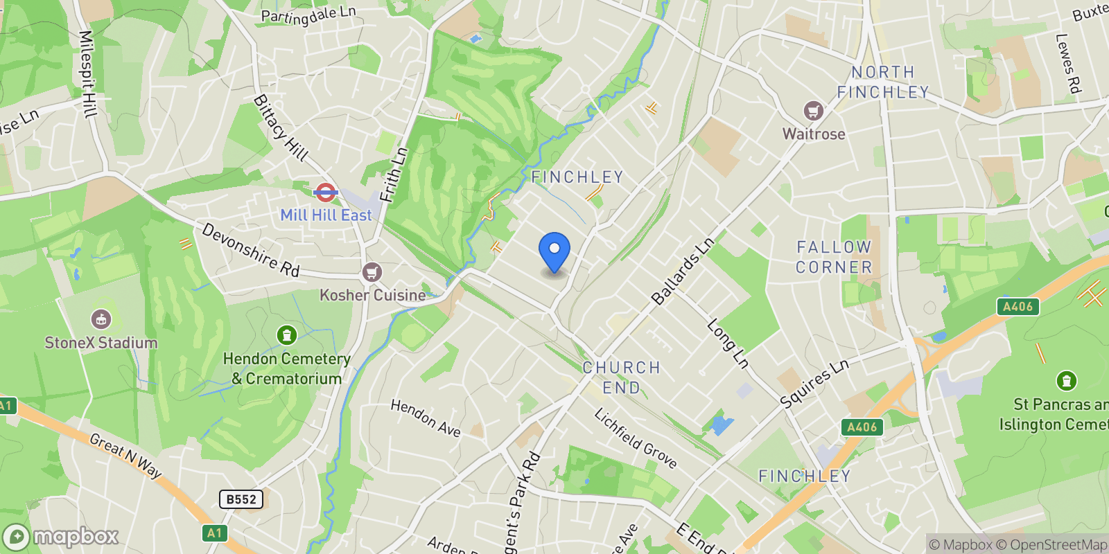 Map showing Crooked Usage Finchley N3, Finchley, England, United Kingdom.