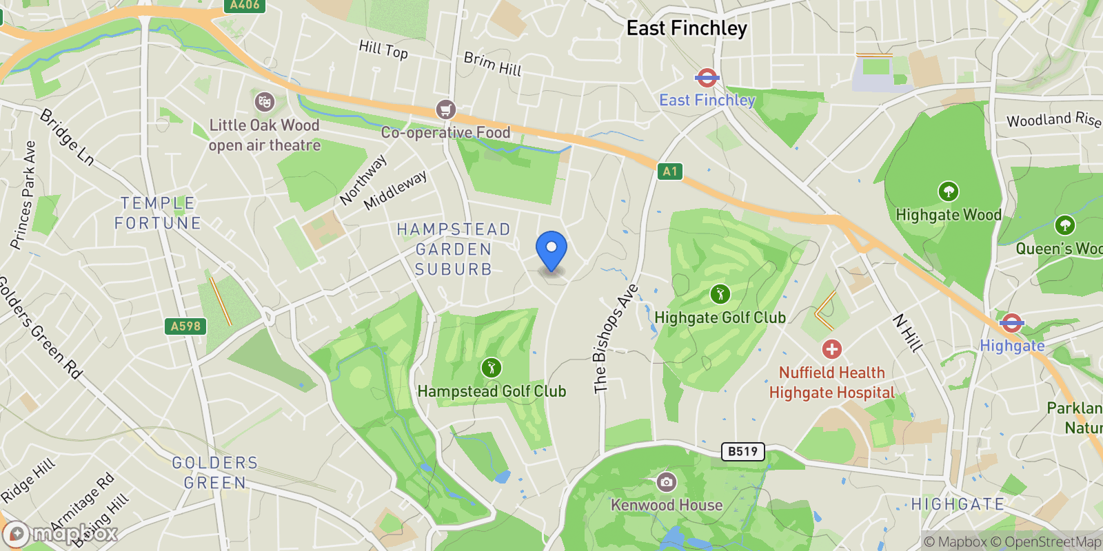 Map showing Winnington Road Hampstead Garden Suburb, London, England, United Kingdom.