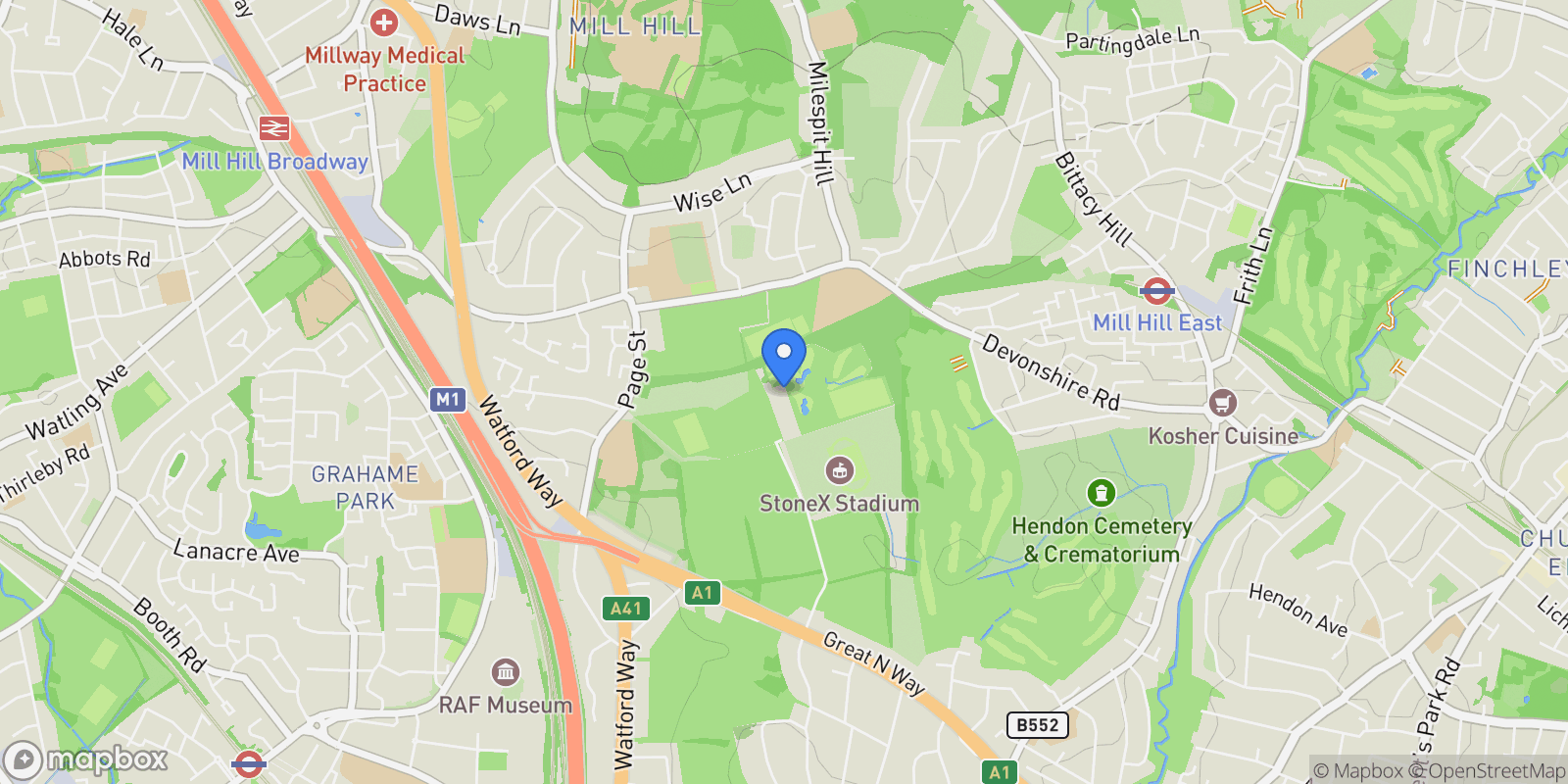 Map showing Harewood Avenue, The Claves Mill Hill East, London, England, United Kingdom.