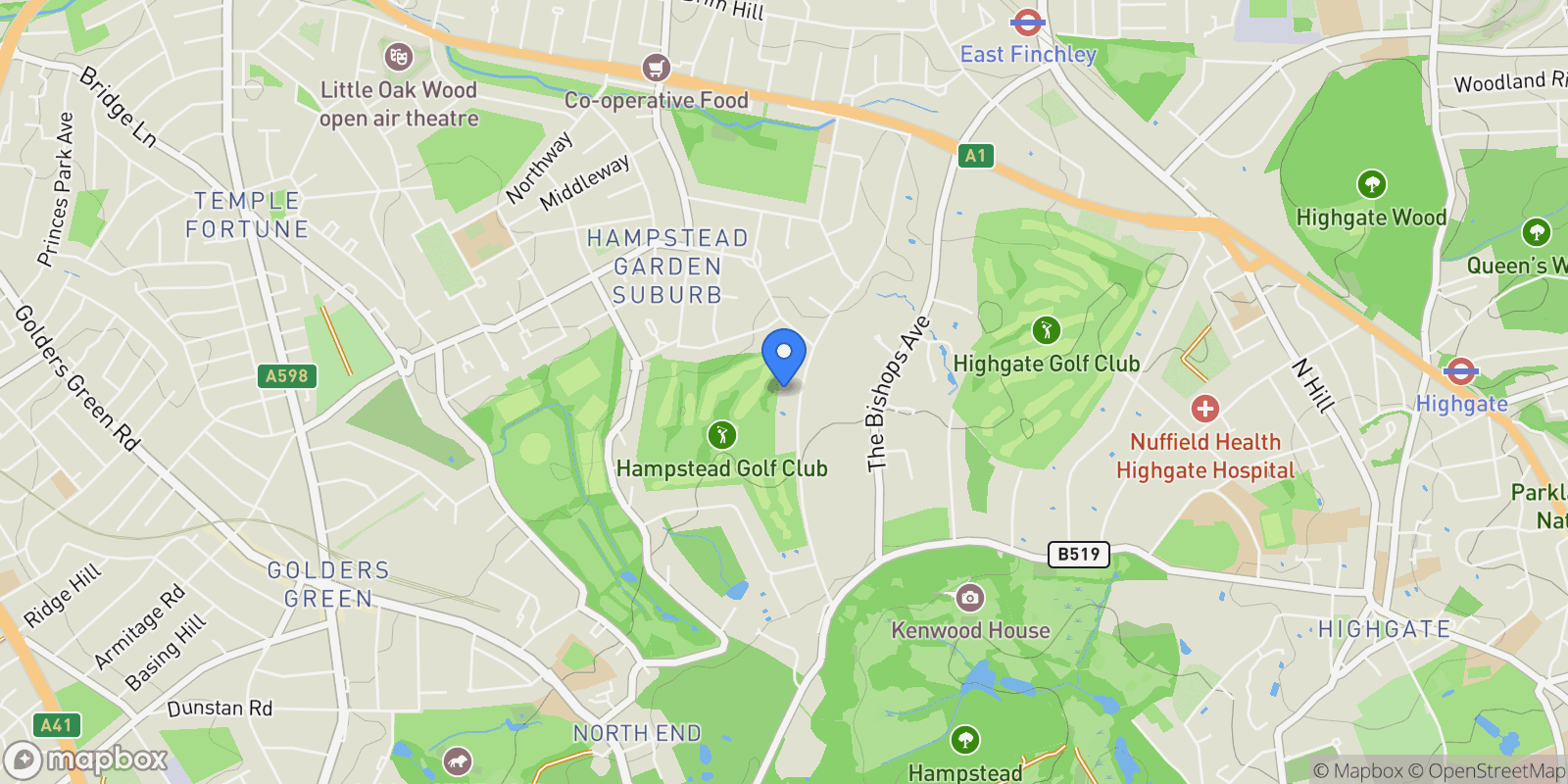 Map showing Brim Hill Hampstead Garden Suburb N2, London, England, United Kingdom.