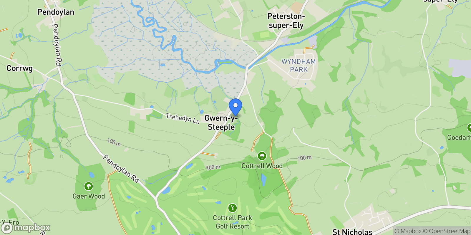 Map showing Peterston-super-Ely, Cardiff, Gwern-y-Steeple, Wales, United Kingdom.
