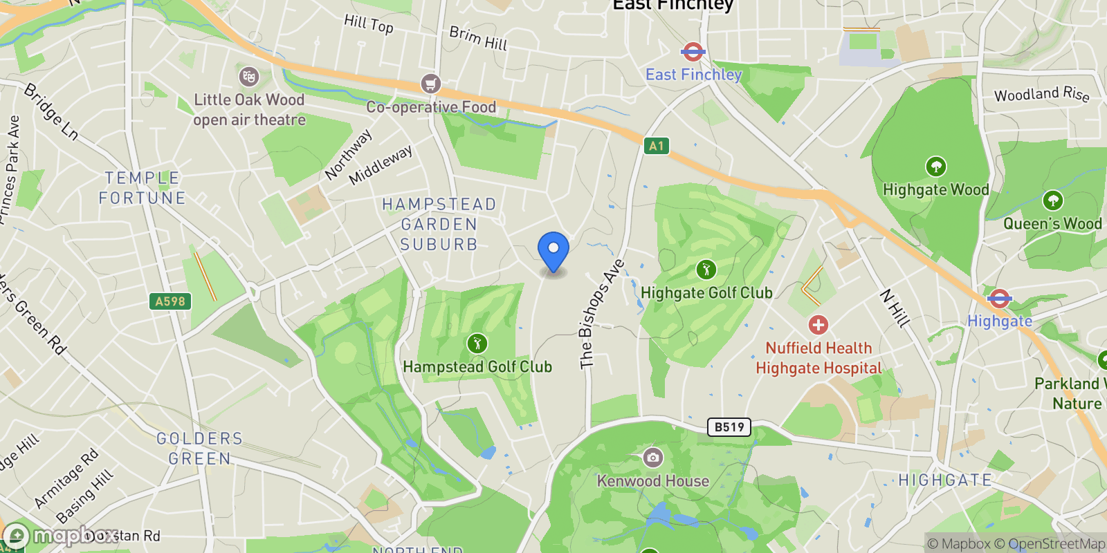 Map showing The Bishops Avenue London N2, London, England, United Kingdom.