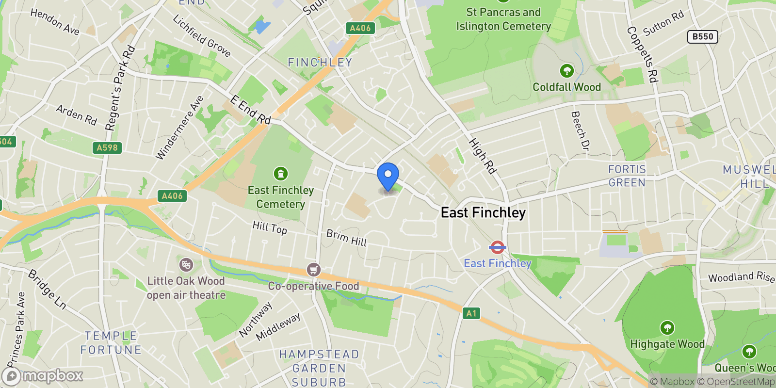 Map showing The Bishops Avenue, London, England, United Kingdom.