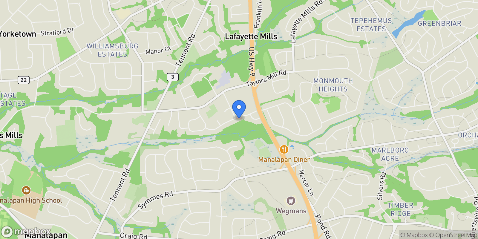 Map showing 25 Briar Hill Drive, Manalapan, NJ 07726, Manalapan Township, New Jersey, United States.