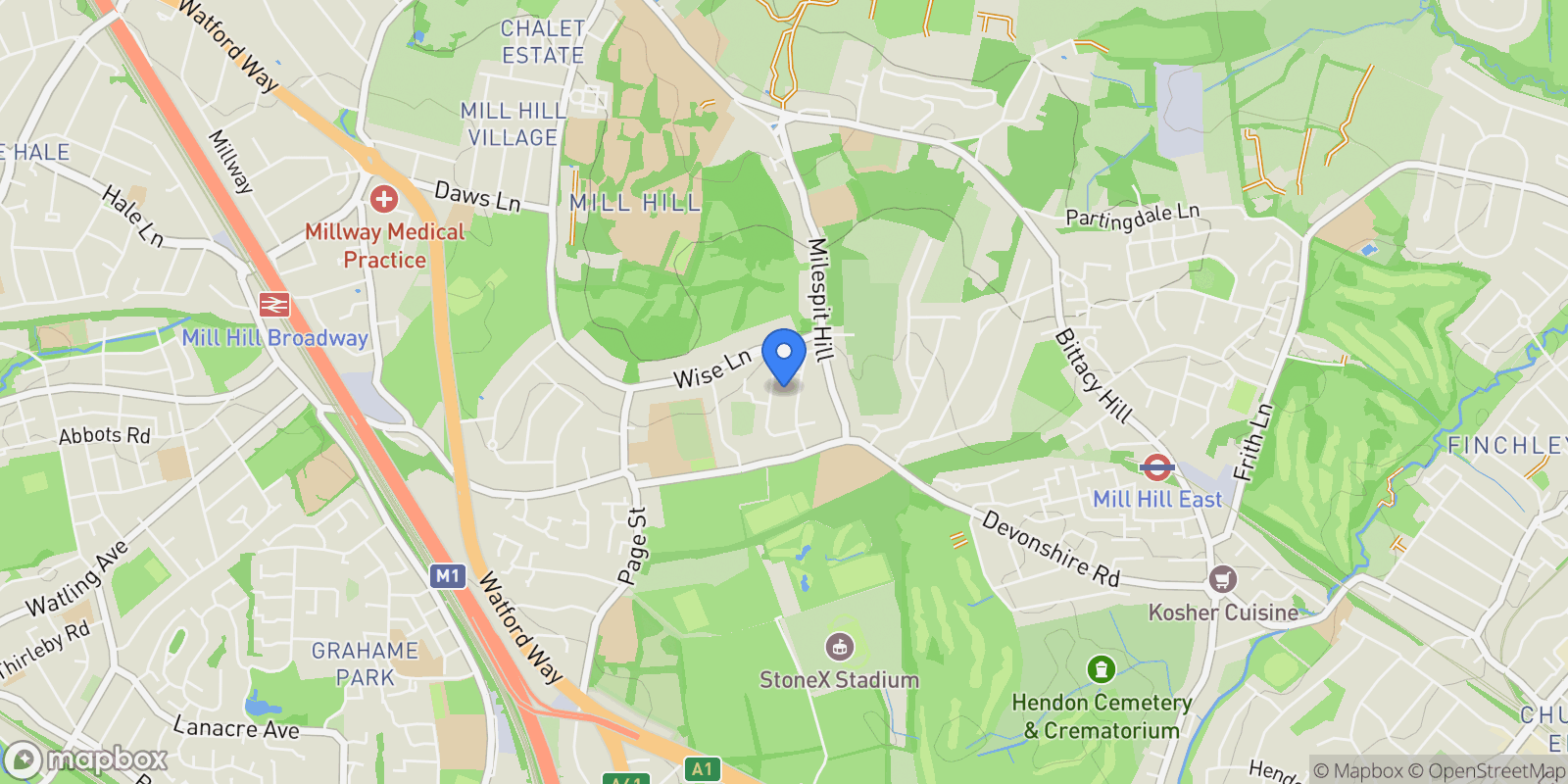 Map showing Milespit Hill Mill Hill Village, London, England, United Kingdom.