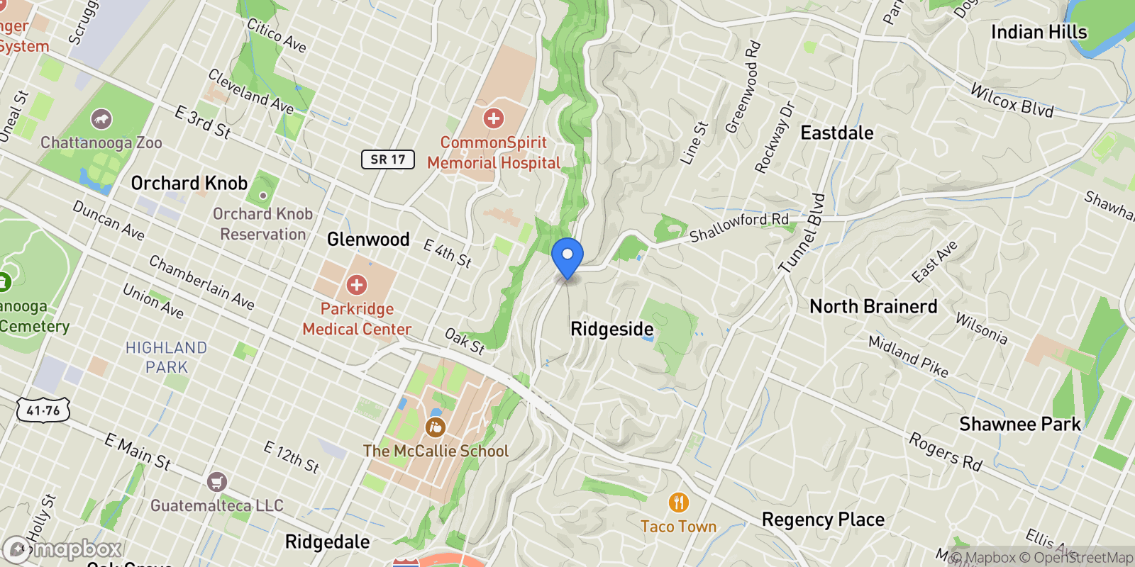 Map showing 84 N Crest Rd, Chattanooga, TN 37404, Chattanooga, Tennessee, United States.