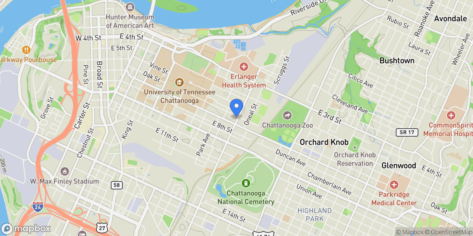 Map showing 930 Oak Street, Chattanooga, TN 37403, Chattanooga, Tennessee, United States.