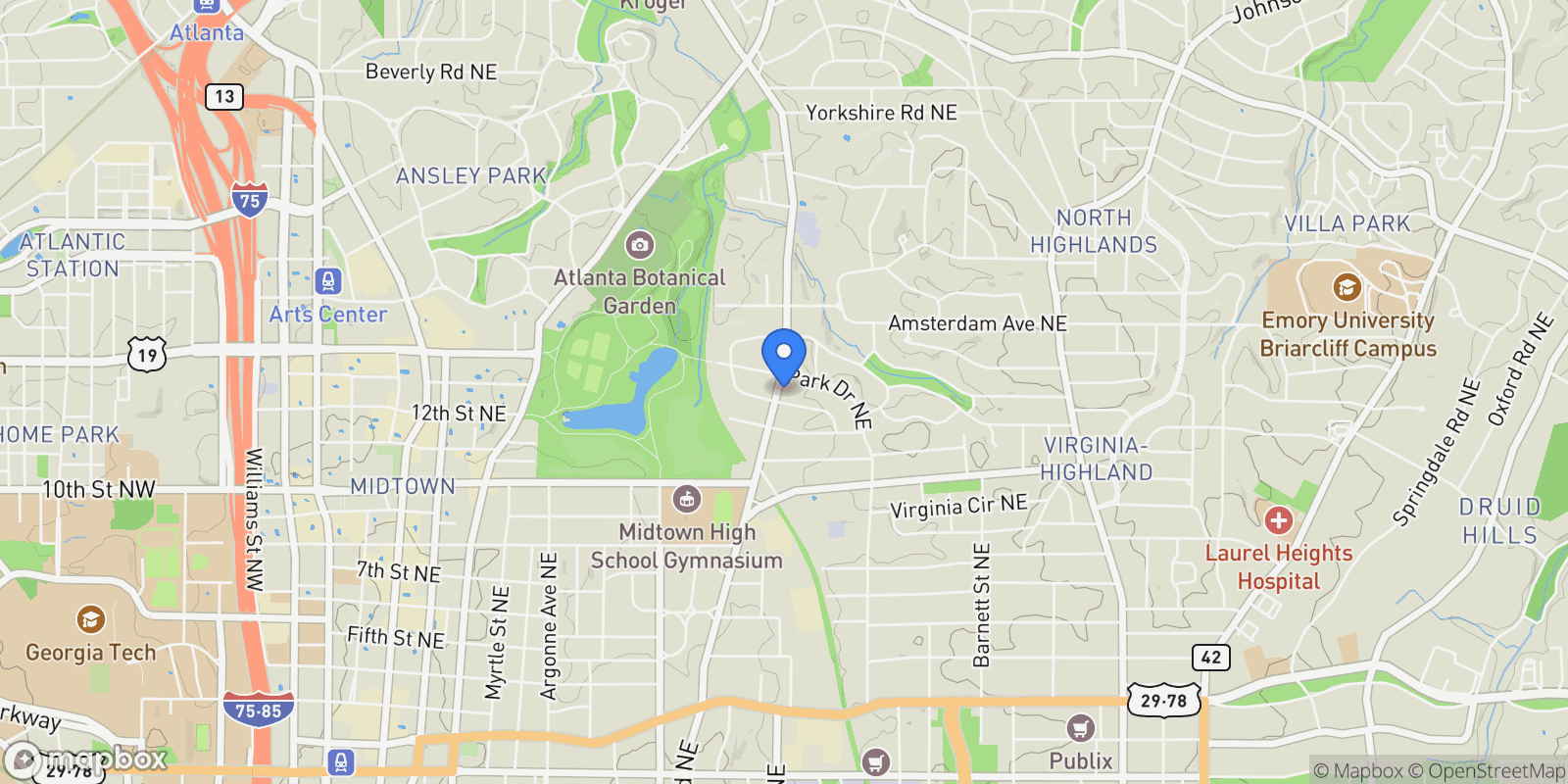 Map showing 1113 Monroe Drive NE, Atlanta, Georgia, United States.