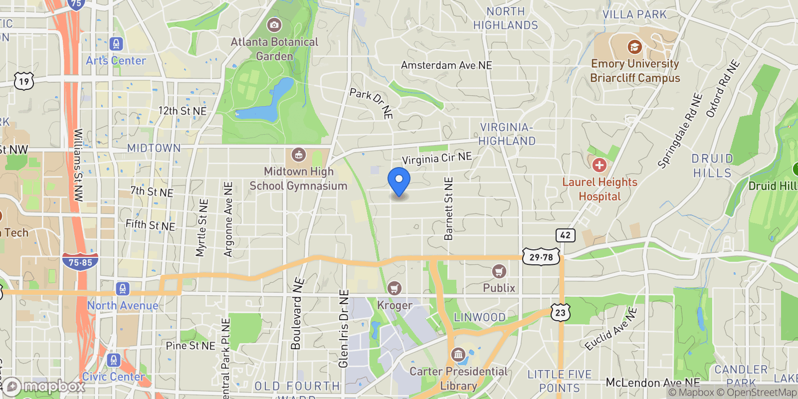 Map showing 740 Drewry Street NE, Atlanta, Georgia, United States.