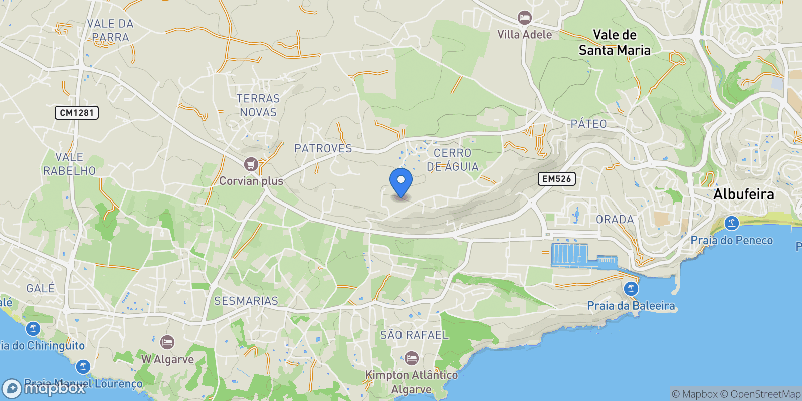 Map showing Albufeira e Olhos de Água, Faro, Olhos de Agua, Algarve, Portugal.