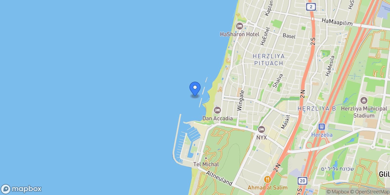 Map showing Herzliya, Tel Aviv District, Israel.